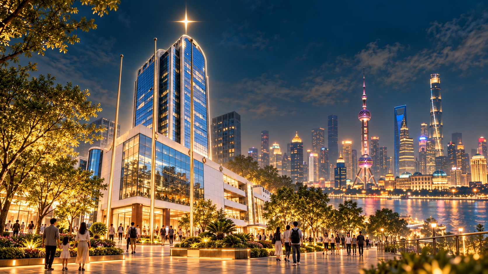 虹漕里楼宇与上海夜景的共建愿景插画，楼顶闪耀着一颗星