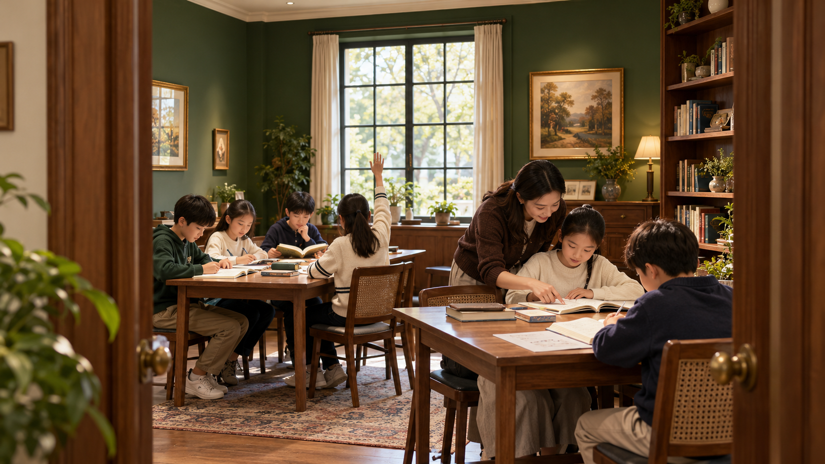 虹漕里意向小班课堂里，一位老师陪伴六名孩子专注阅读与学习