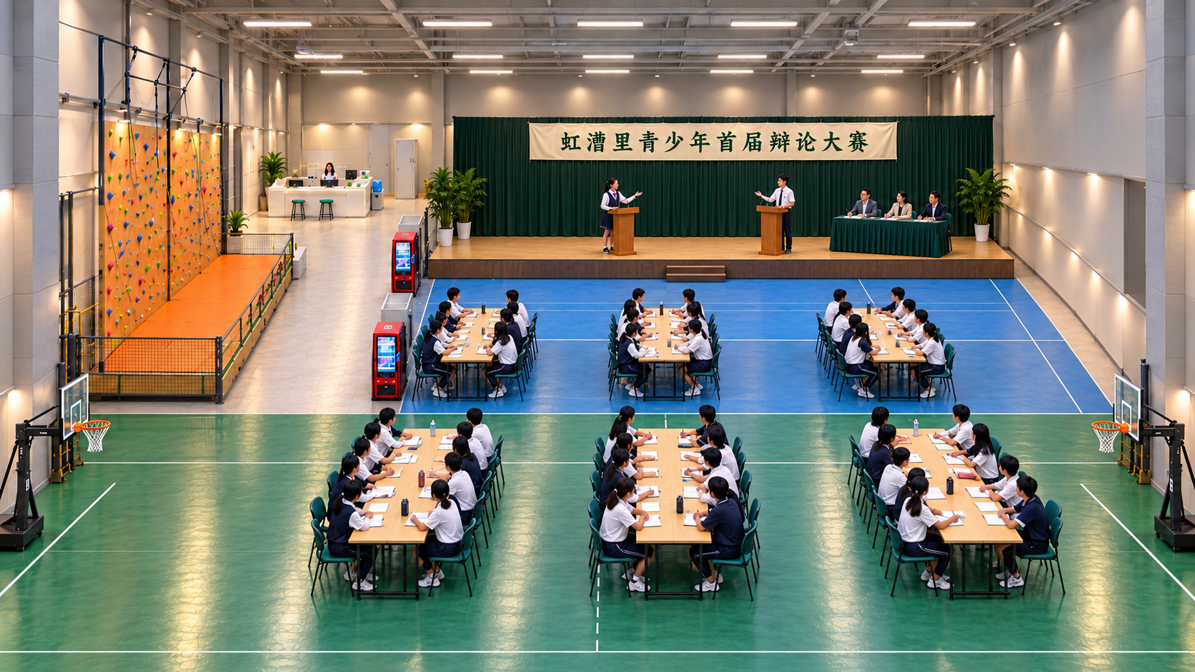 体能训练馆切换为青少年辩论赛会场:后方舞台、学生辩手、教师评委与长桌观众席